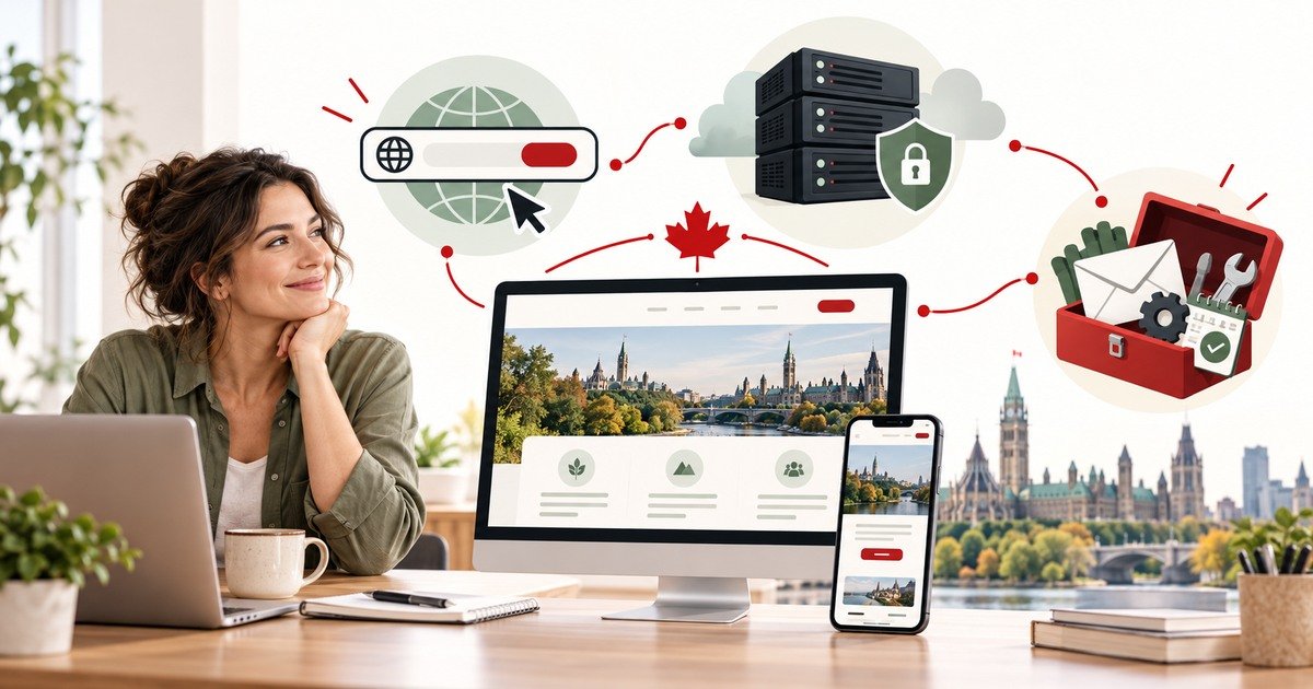 Ontario small-business owner comparing a domain, hosting, website, email and maintenance
