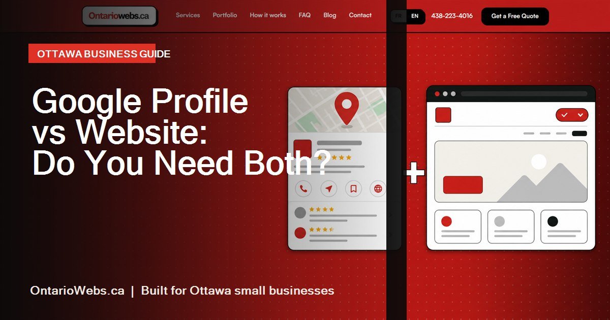 Google-style local business listing beside a website browser on an OntarioWebs red background