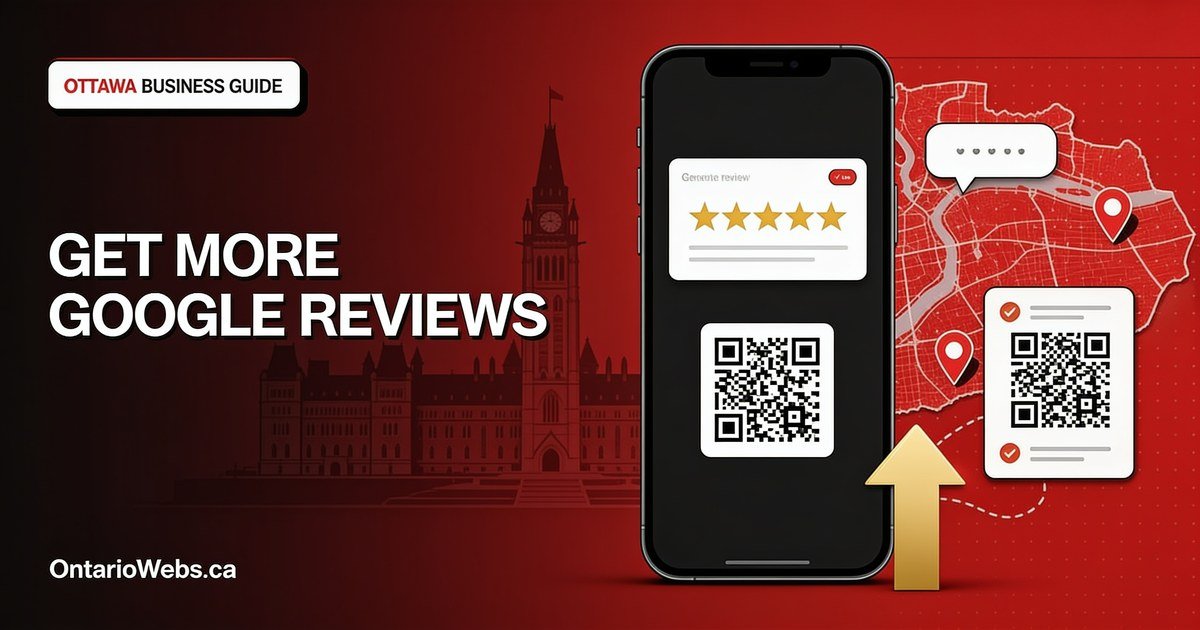 Google reviews growth guide for Ottawa businesses with five stars, a phone, a QR code and an Ottawa map