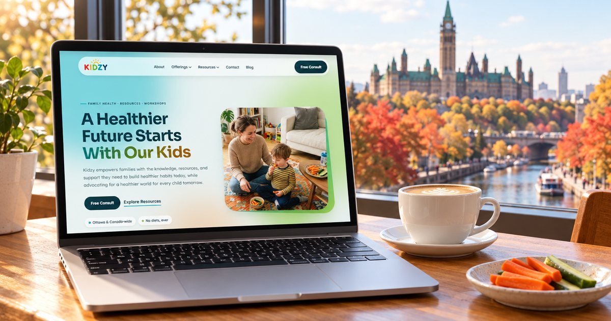 The Kidzy Canada homepage on a laptop in an Ottawa cafe, with Parliament Hill and the Rideau Canal in autumn behind it