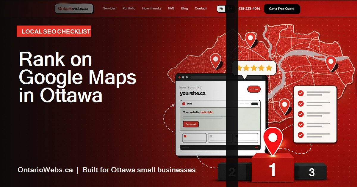 Ottawa map pins, ranking podium, reviews, and checklist on an OntarioWebs red background