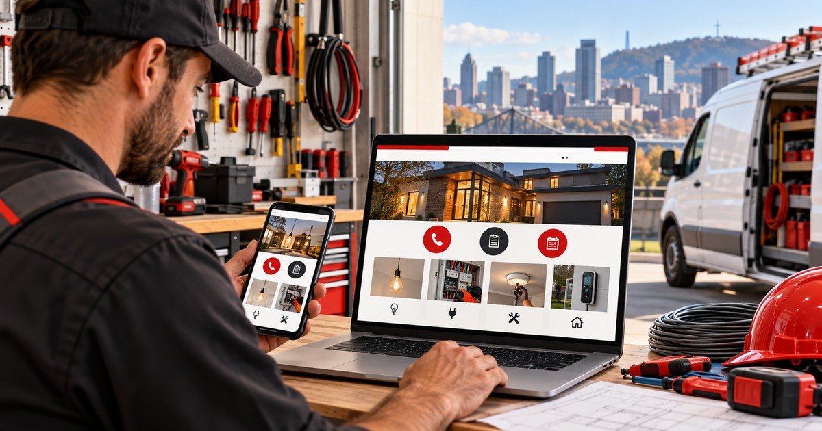 Électricien montréalais consultant son site Web sur ordinateur et téléphone
