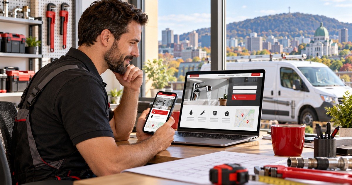Plombier montréalais consultant un site Web de services sur ordinateur et téléphone