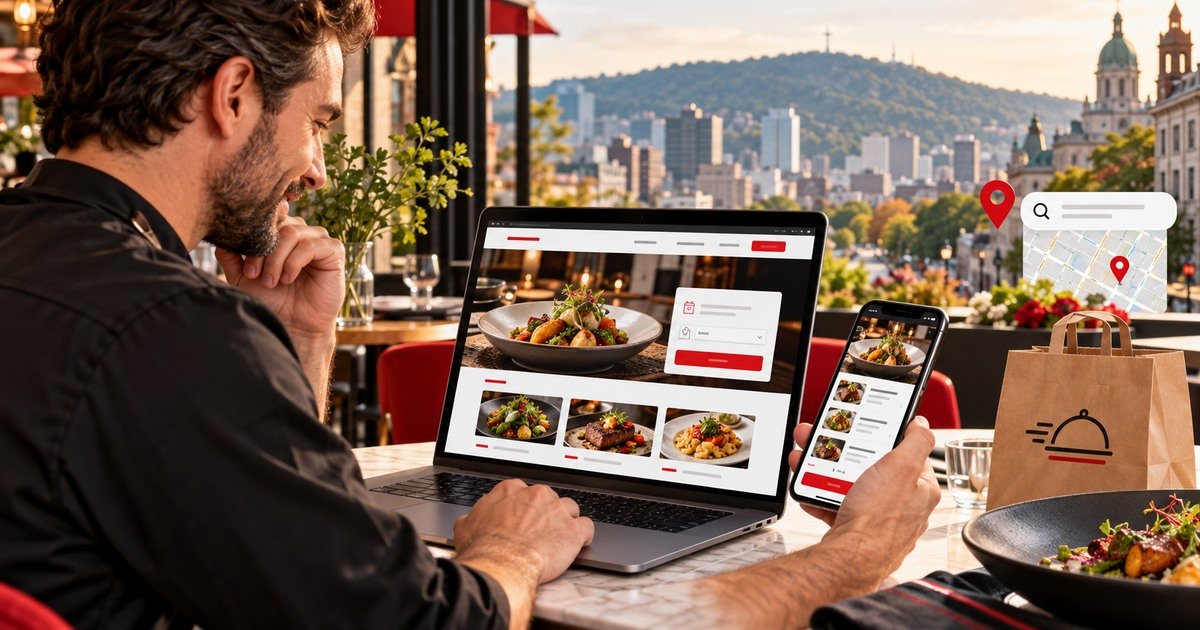 Restaurateur montréalais consultant un menu et un système de commande sur ordinateur et téléphone