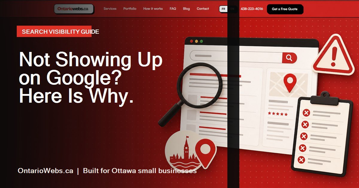 Search visibility diagnostic with Ottawa pin and checklist on an OntarioWebs red background