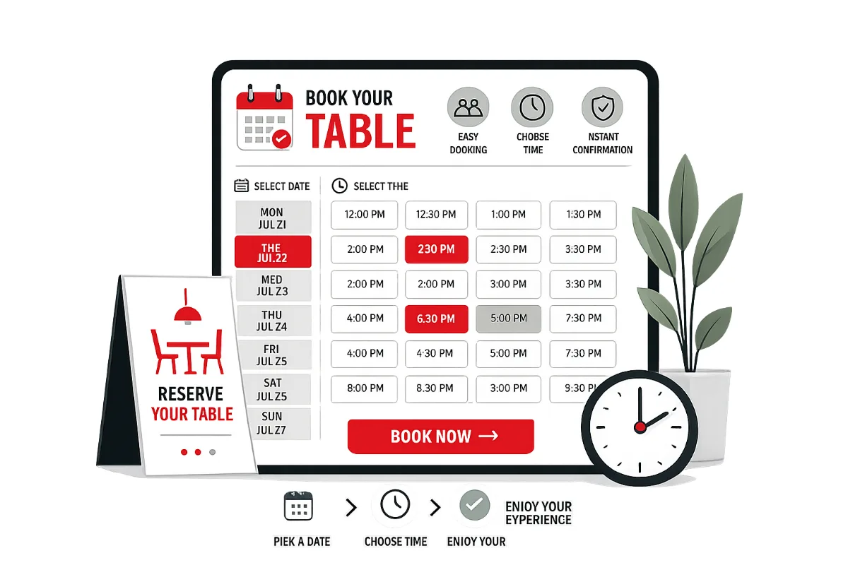 A table booking interface showing date selection, available time slots and a Book Now button