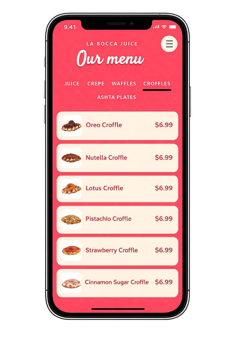 La Bocca Juice digital menu on a phone showing croffle items with photos and prices
