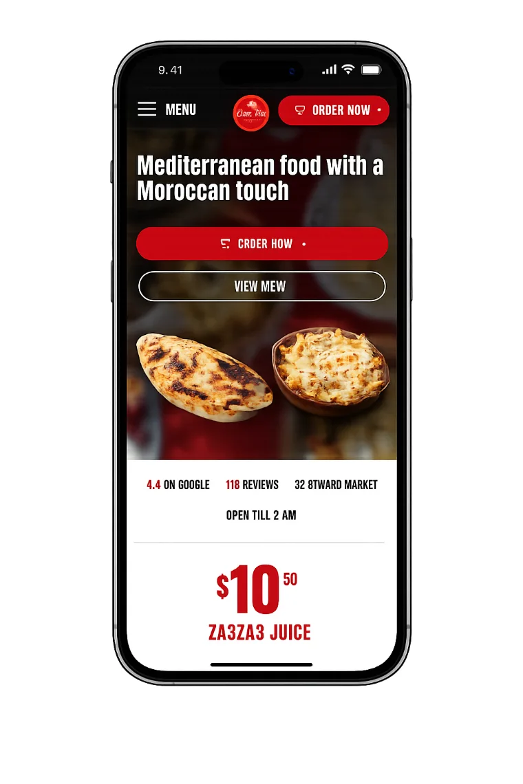Coza Mia website shown on a phone with the hero, ordering buttons and Google rating
