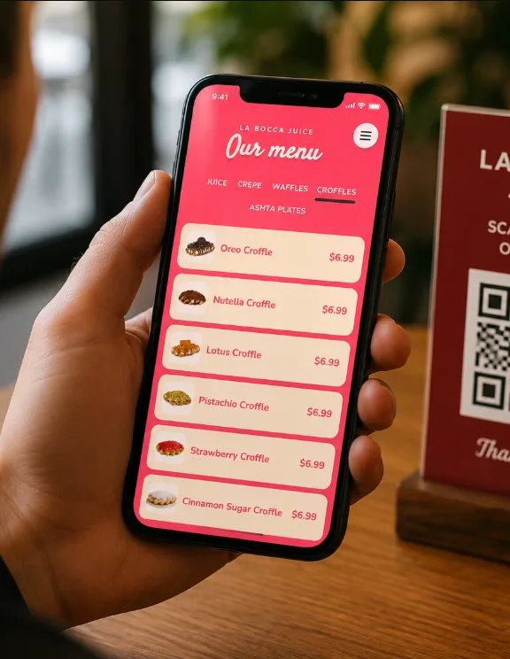 A hand holding a phone showing a digital menu next to a printed QR code table stand in a cafe