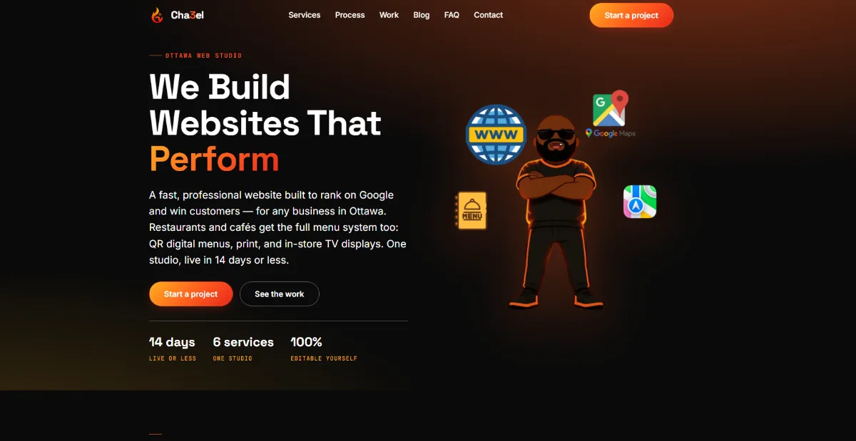 Cha3el web studio website homepage with a dark theme and a We Build Websites That Perform headline