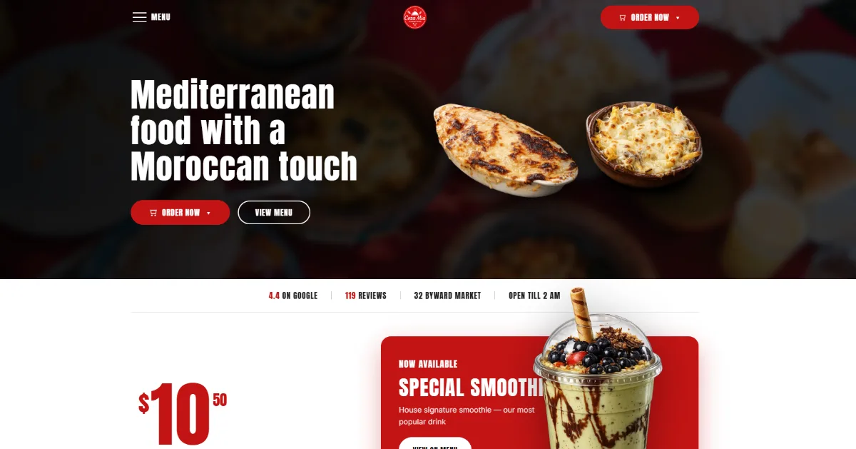 Coza Mia restaurant website homepage showing a Mediterranean and Moroccan food hero with Order Now and View Menu buttons