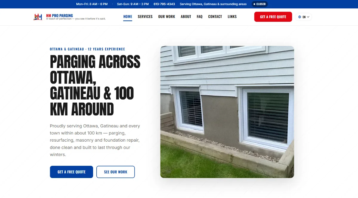 HM Pro Parging contractor website homepage showing parging services across Ottawa and Gatineau with a free quote button