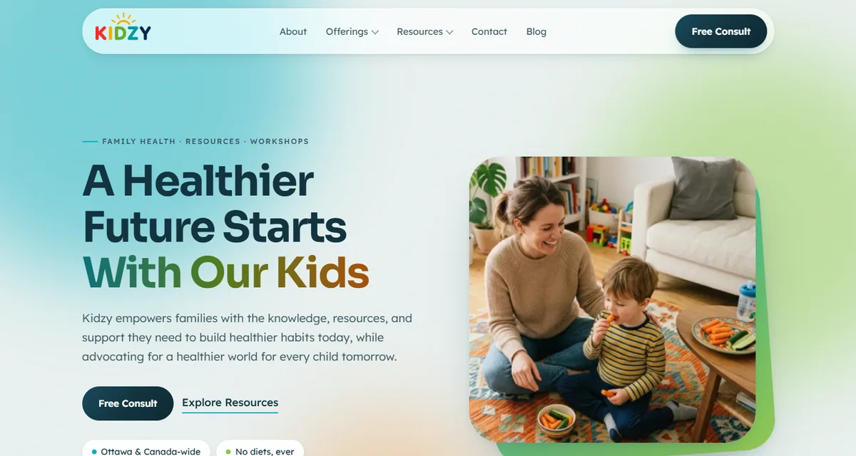 Kidzy homepage showing a healthy-habits message for Canadian families, a Free Consult button and a parent sharing a snack with a child