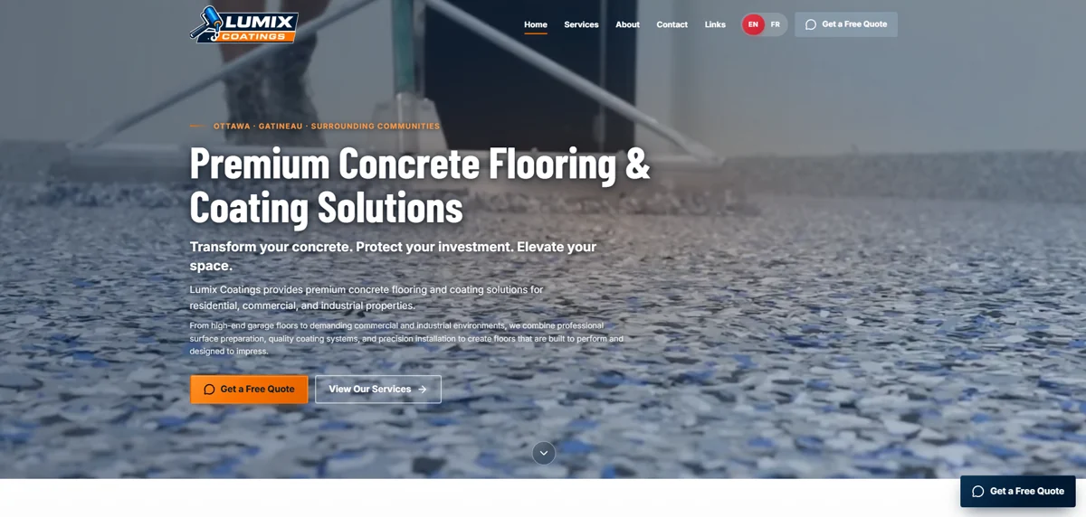Lumix Coatings website homepage showing premium concrete flooring and coating services in Ottawa and Gatineau
