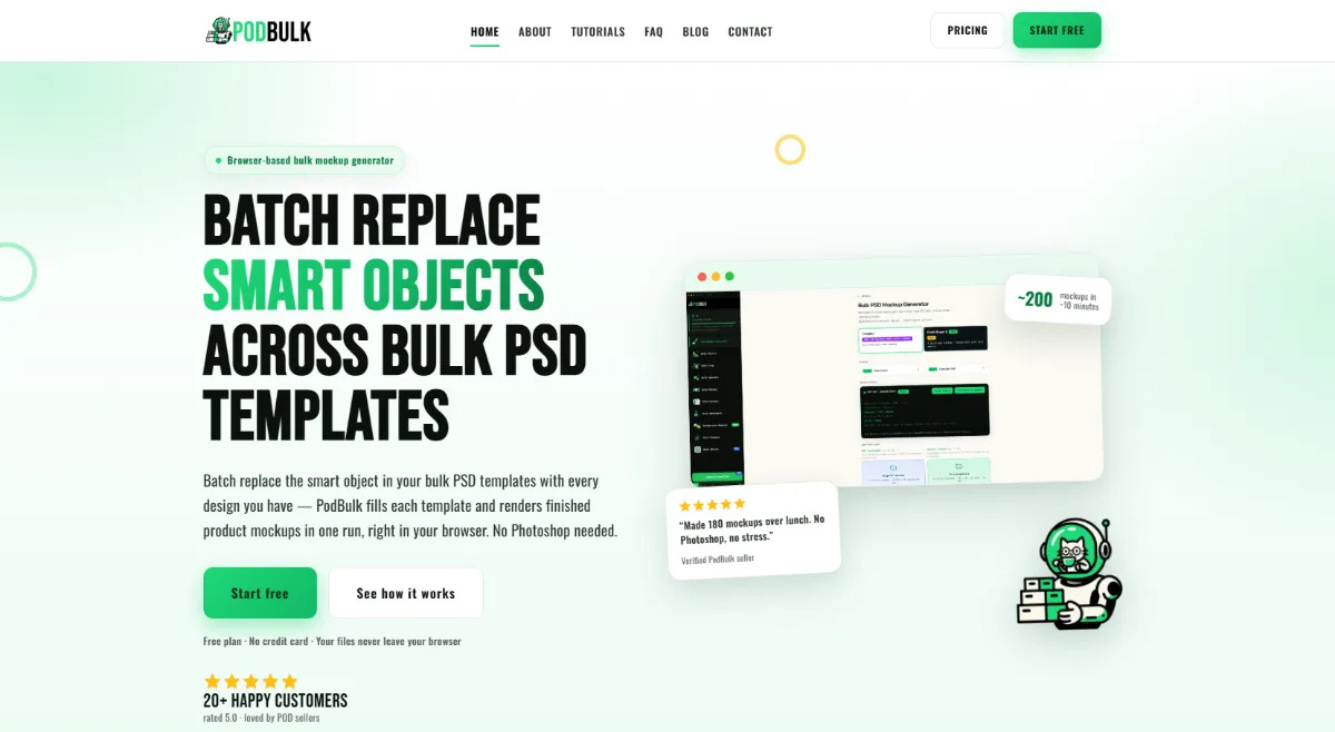 PodBulk website homepage showing a bulk PSD mockup generator with a browser-based app preview
